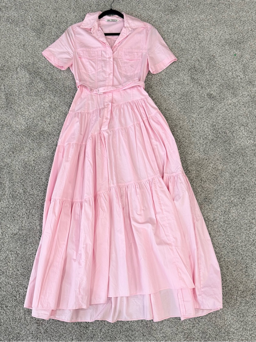 Zara Baby Pink 100% Cotton Collared Belted Shirt Dress Maxi Resort Women’s XS - Picture 3 of 15
